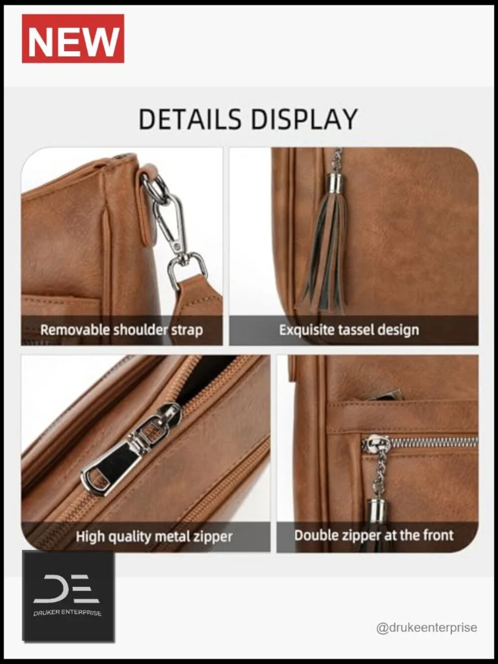 Vegan Leather Medium Crossbody Hobo Bag with Tassel, Lightweight Shoulder Purse